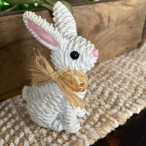Vintage Faux Wicker Bunny Rabbit Figurine Raffia Bow Easter Spring Cottage Deco